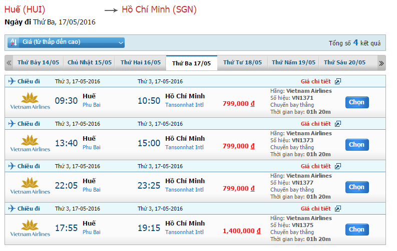 Tham khảo bảng giá vé máy bay Vietnam Airlines đi Sài Gòn