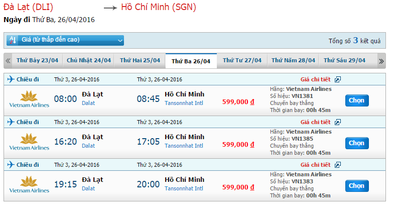 Bảng giá vé Vietnam Airlines chặng Đà Lạt - Sài Gòn