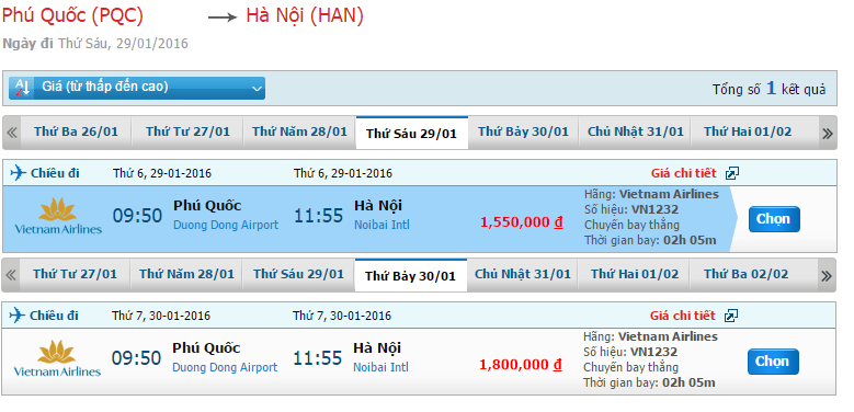 Bảng giá vé máy bay của Vietnam Airlines từ Phú Quốc đi Hà Nội