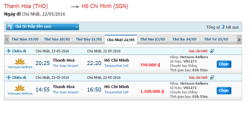 Chặng bay Vietnam Airlines cho hành trình Thanh Hóa - Sài Gòn