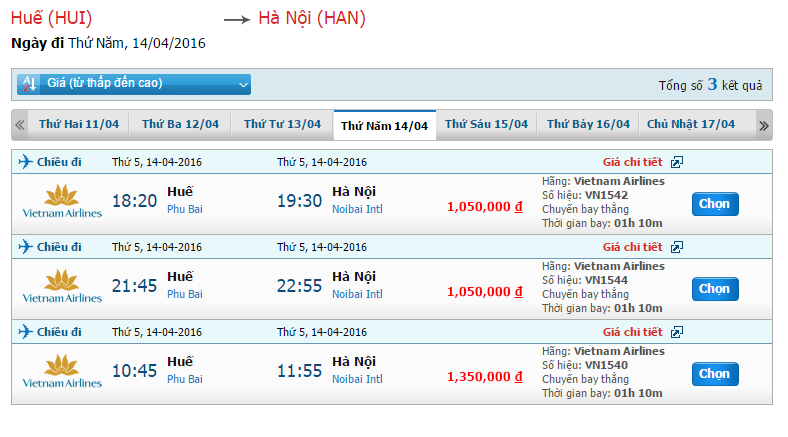 Bảng giá vé máy bay từ Huế đi Hà Nội