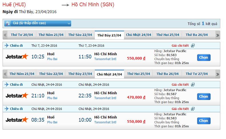 Bảng giá vé Jetstar hành trình từ Huế đi Sài Gòn