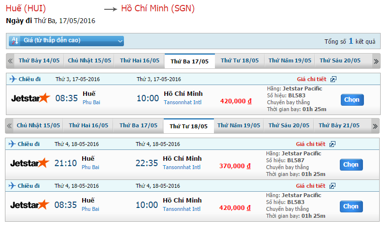 Tham khảo bảng giá vé Jetstar cho chặng bay Huế - Sài Gòn