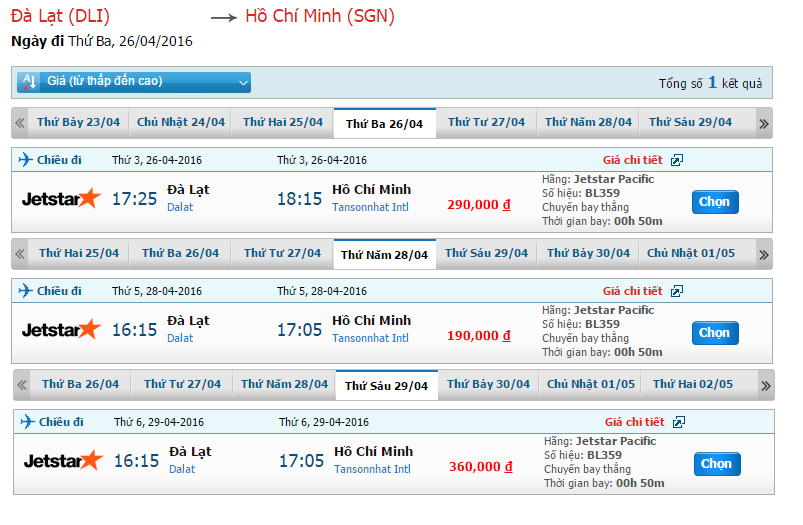 Bảng giá vé Jetstar từ Đà Lạt đi Sài Gòn