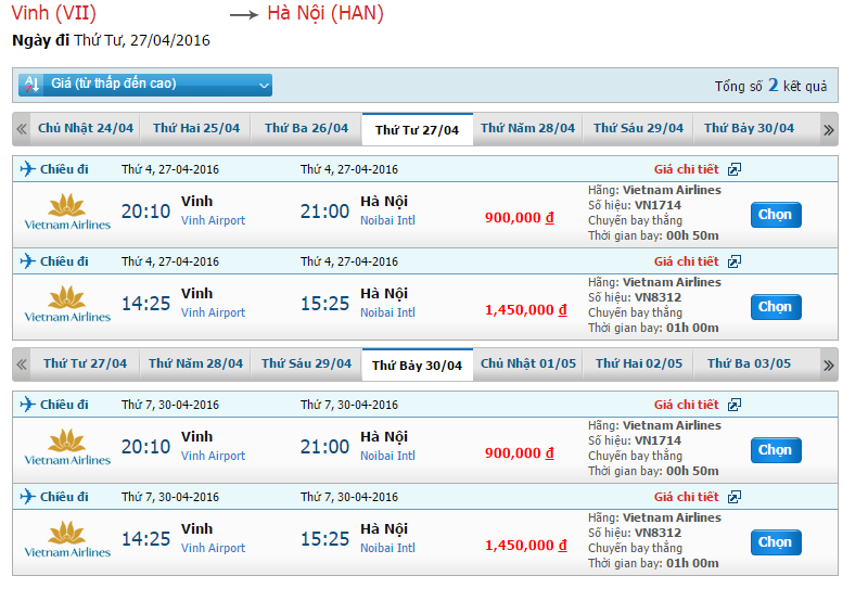 Bảng giá vé máy bay từ Vinh - Hà Nội