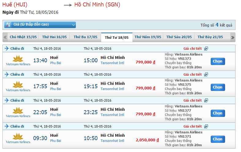 Tham khảo bảng giá vé máy bay đi Sài Gòn của Vietnam Airlines