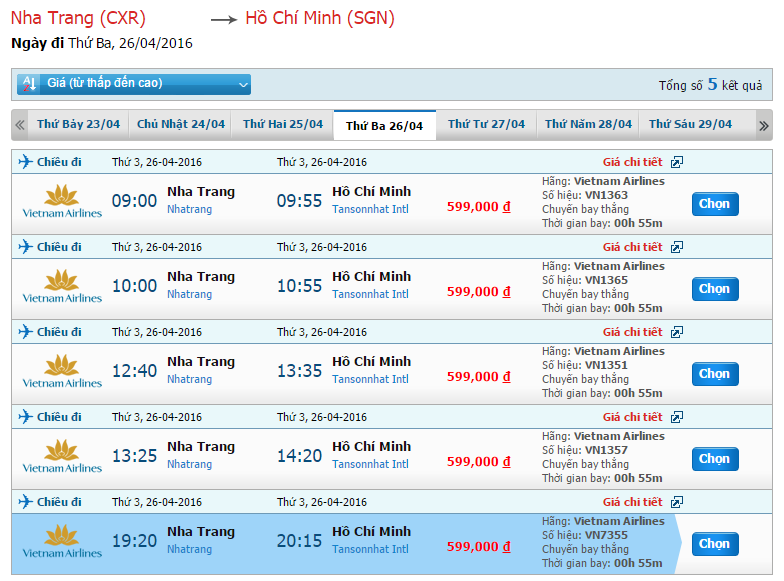 Bảng giá vé máy bay Vietnam Airlines từ Nha Trang đi Sài Gòn