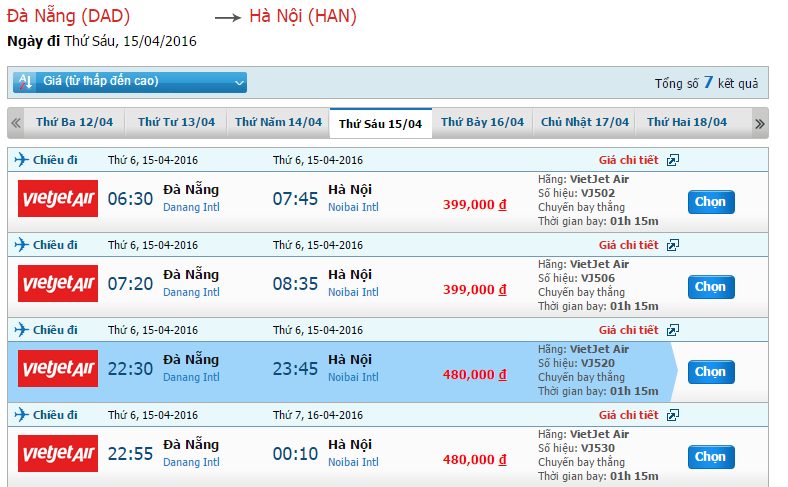 Bảng giá vé máy bay đi Hà Nội từ Đà Nẵng