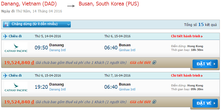 Vé máy bay Cathay Pacific từ Đà Nẵng đi Hàn Quốc