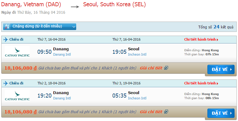 vé máy bay Cathay Pacific từ Đà Nẵng đi Seoul