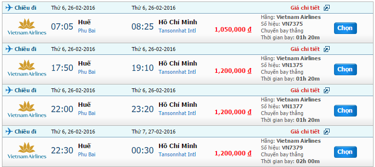 Cập nhật giá vé Vietnam Airlines chuyến bay Huế đi Sài Gòn trong tháng 2/2016 