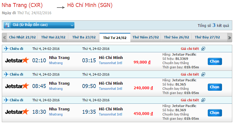 Bảng giá vé máy bay Jetstar Pacific đi Sài Gòn