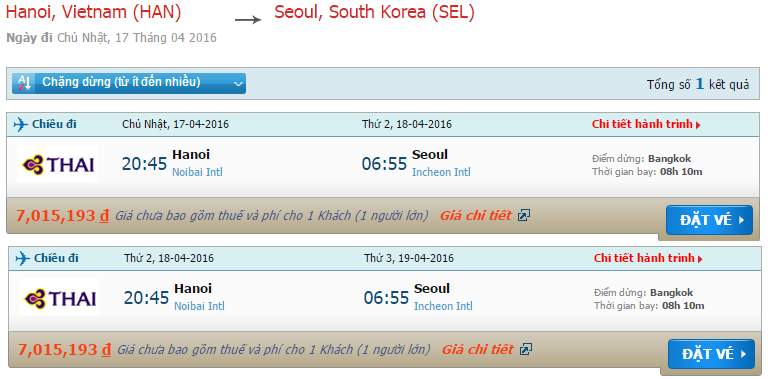 vé máy bay Thai Airways từ Hà Nội đi Seoul