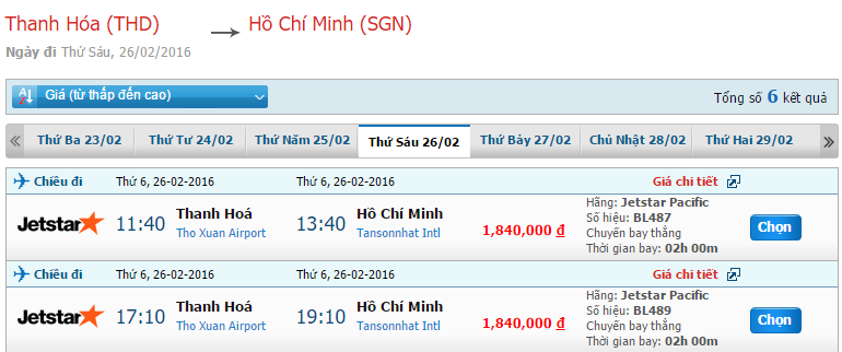 Cập nhật giá vé JetStar chuyến bay Thanh Hóa đi Sài Gòn trong tháng 2/2016 