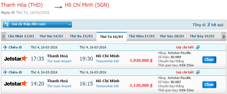 Cập nhật giá vé JetStar chuyến bay Thanh Hóa đi Sài Gòn trong tháng 3/2016 