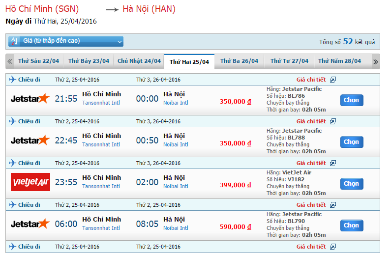 Bảng giá vé chặng bay Sài Gòn - Hà Nội