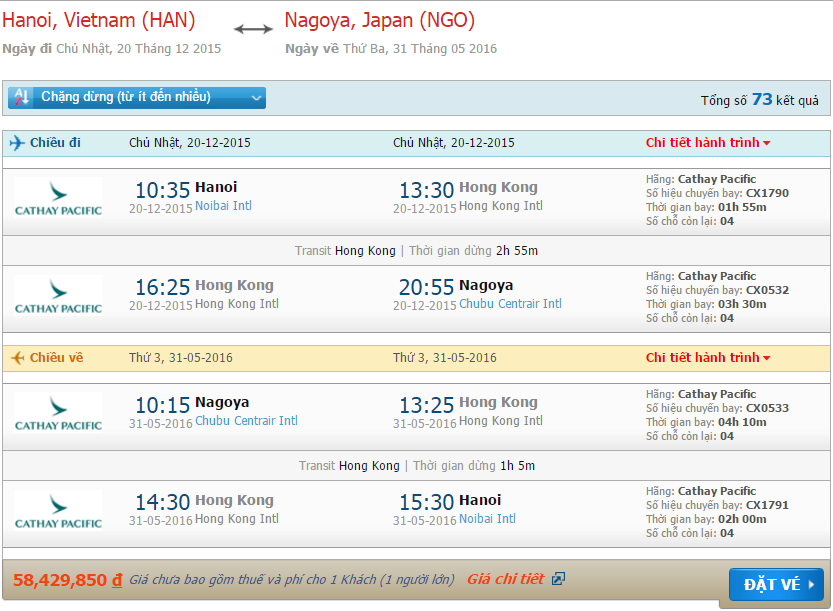 Vé máy bay Cathay Pacific đi Nagoya