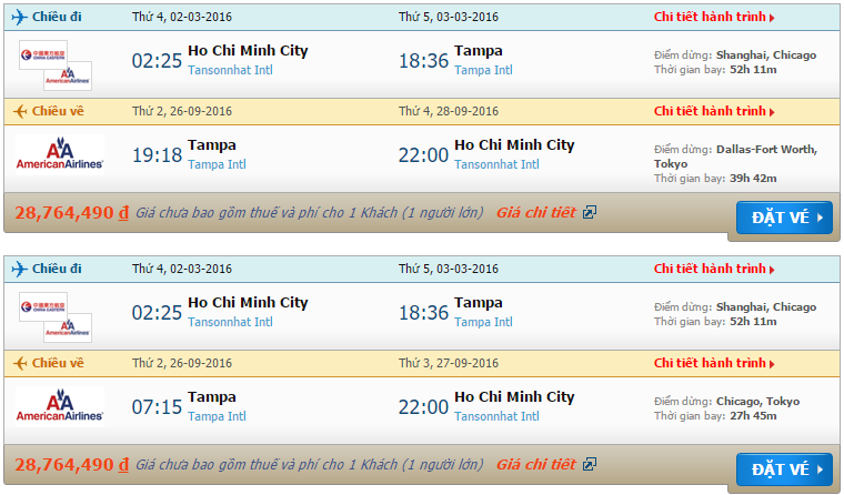 Vé máy bay American Airlines từ Hồ Chí Minh đi Tampa