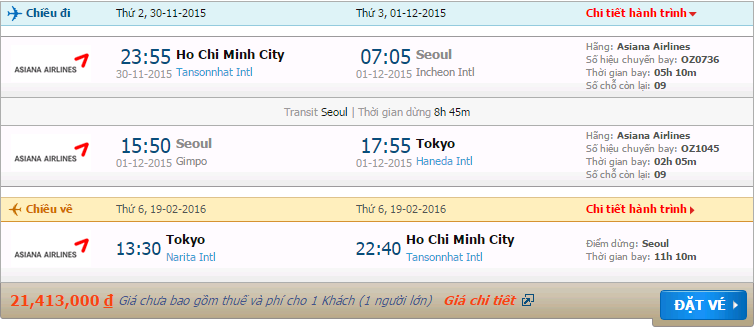 Vé máy bay Asiana Airlines Hồ Chí minh đi Tokyo