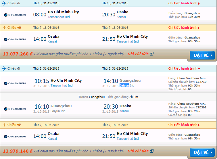 vé máy bay China Southern Airlines Hồ Chí Minh đi Osaka