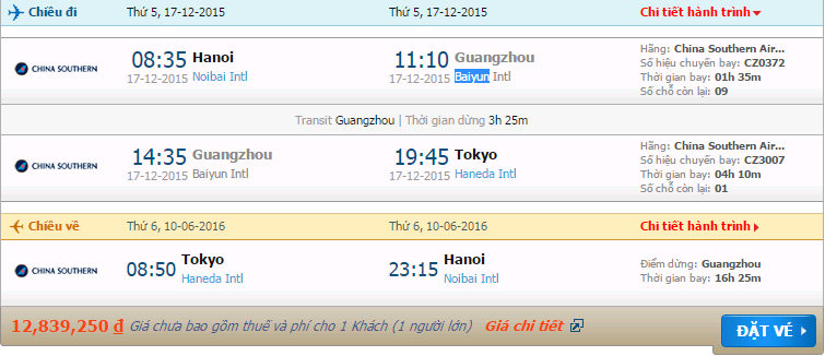 Vé máy bay China Southern Hà Nội đi Tokyo