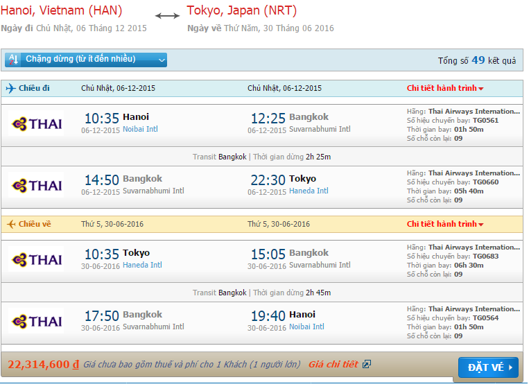 Vé máy bay Thai Airways đi Tokyo giá rẻ