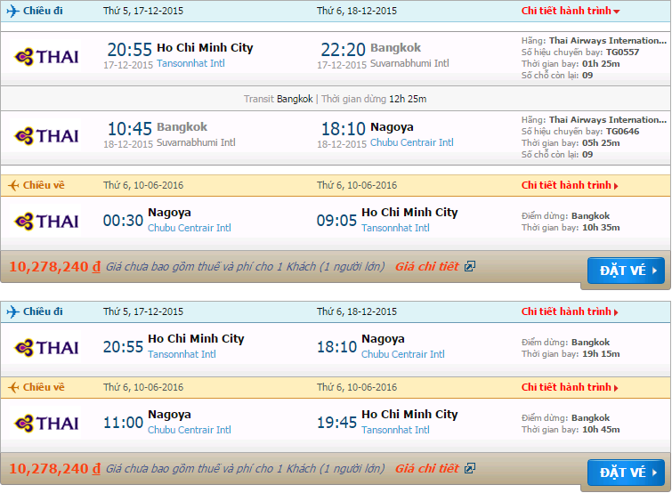 Vé máy bay Thai Airways Hồ Chí Minh đi Nagoya