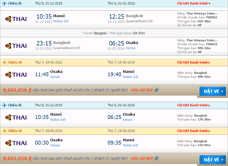 vé máy bay Thai Airways International Hà Nội đi Osaka