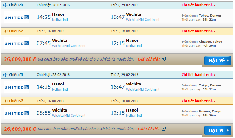 Vé máy bay United Airlines từ Hà Nội đi Wichita