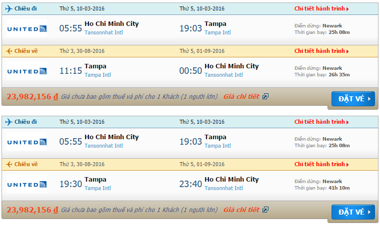 Vé máy bay United Airlines từ Hồ Chí Minh đi Tampa
