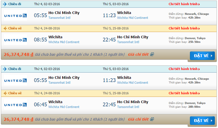 Vé máy bay United Airlines từ Hồ Chí Minh đi Wichita