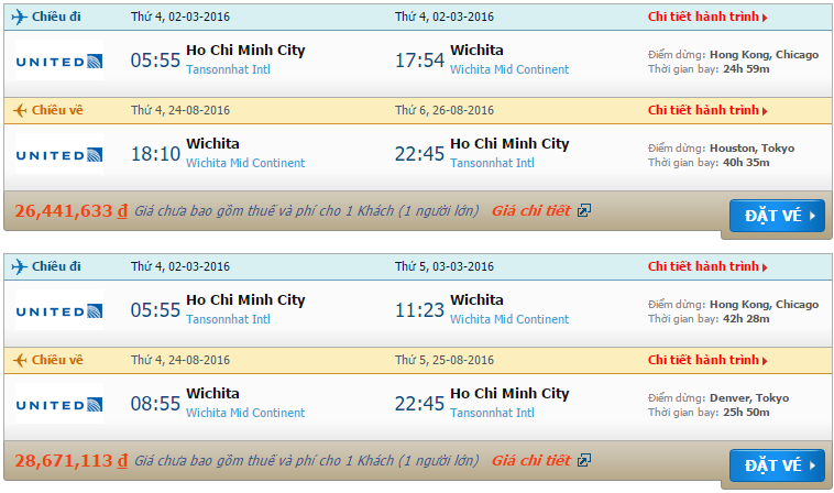 Vé máy bay United Airlines từ Hồ Chí Minh đi Wichita