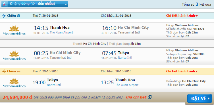 Vé máy bay Vietnam Airlines từ Thanh Hóa đi Tokyo