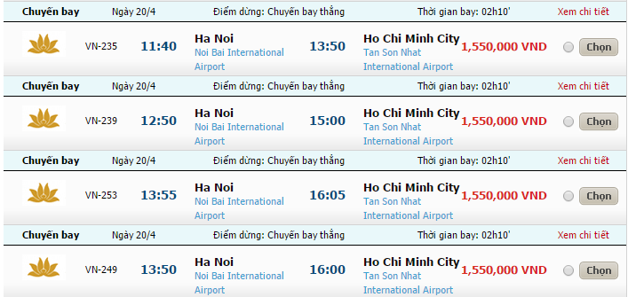 Vé máy bay Vietnam Airlines từ Hà Nội đi Sài Gòn