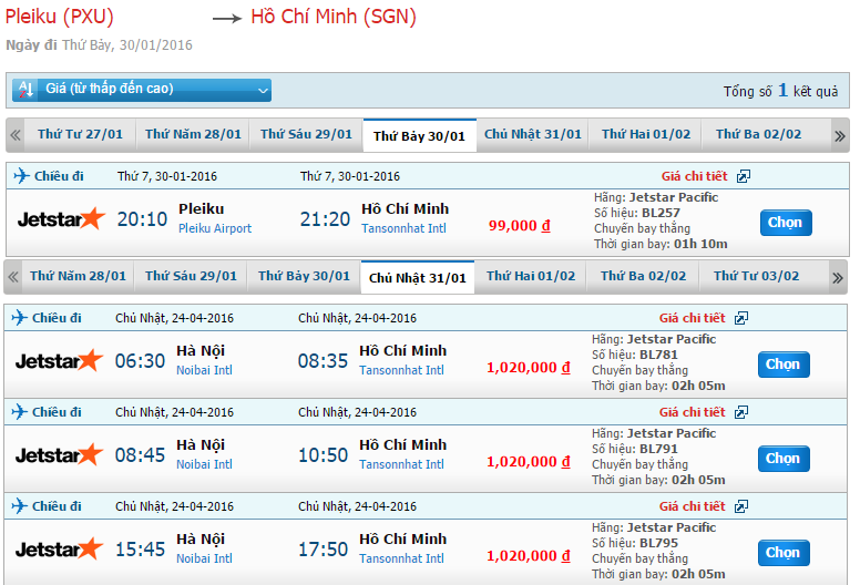 Bảng giá vé máy bay đi Sài Gòn tháng 01/2016