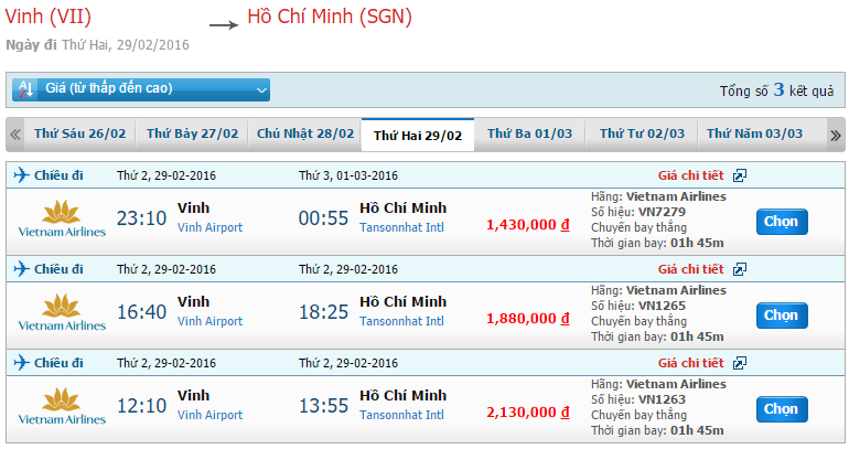 Cập nhật giá vé Vietnam Airlines chuyến bay Vinh đi Sài Gòn trong tháng 2/2016 