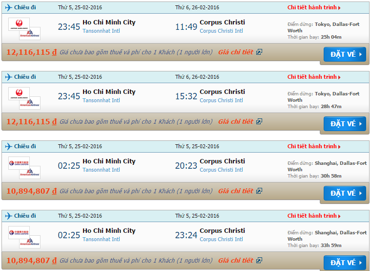 vé máy bay American Airlines từ Hồ Chí Minh đi Corpus Christi