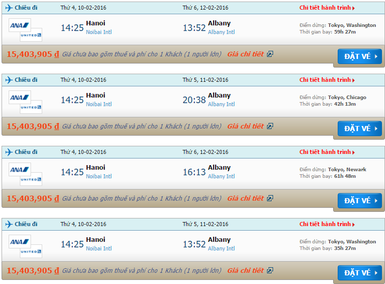 vé máy bay All Nippon Airways Hà Nội đi Albany