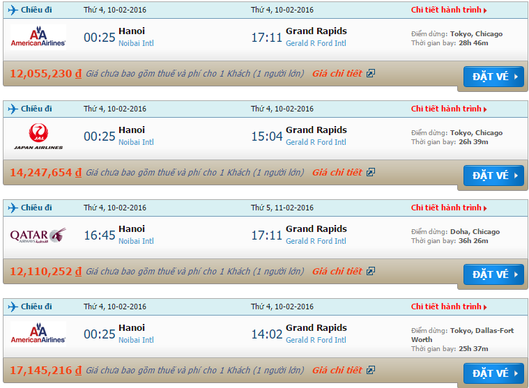 vé máy bay American Airlines từ Hà Nội đi Grand Rapids