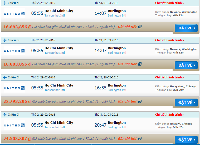 Vé máy bay United Airlines từ Hồ Chí Minh đi Burlington